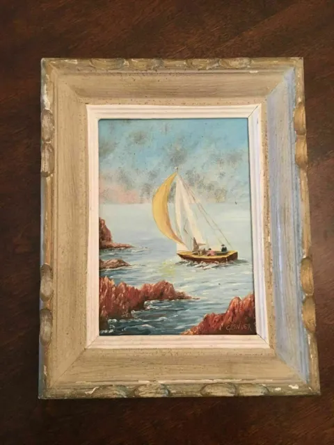 K) Late 1800s Coastal Sailboat In Cove Nautical French Oil Painting by Gravier