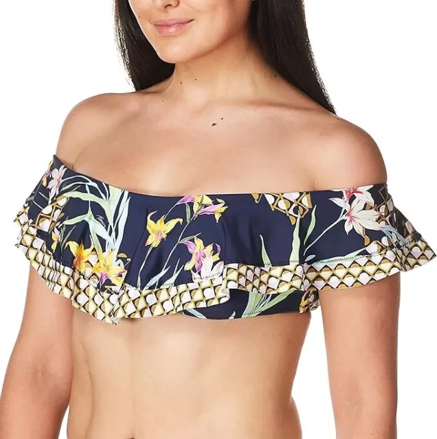 Trina Turk Womens Off Shoulder Ruffle Bandeau Bikini Swimsuit Top Navy Floral 4