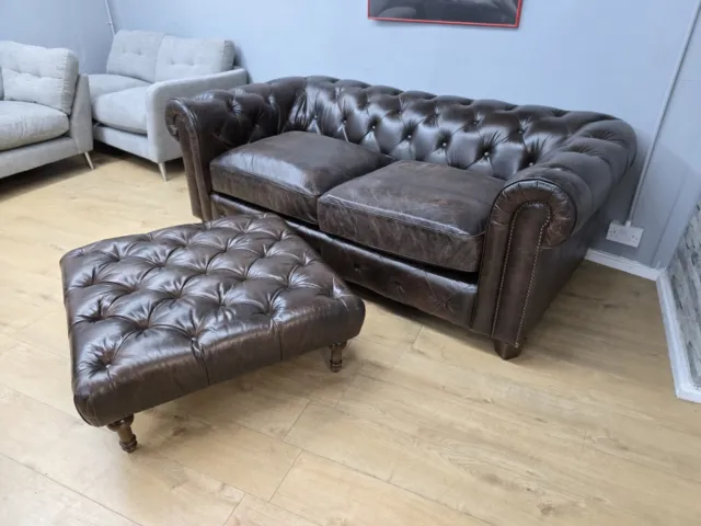 Brown Leather Chesterfield With Matching Footstool Used Condition RRP £2395