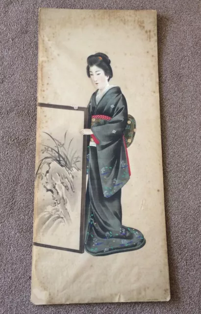 Japanese Geisha Lovely Vintage Gouache Painting On Silk, Antique Meiji Period