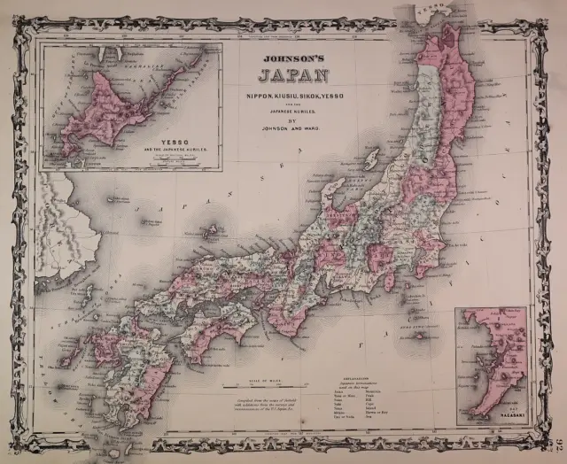 Authentic Antique 1863 Johnson Atlas Map ~ JAPAN ~ (14x18) Free S&H -#1447