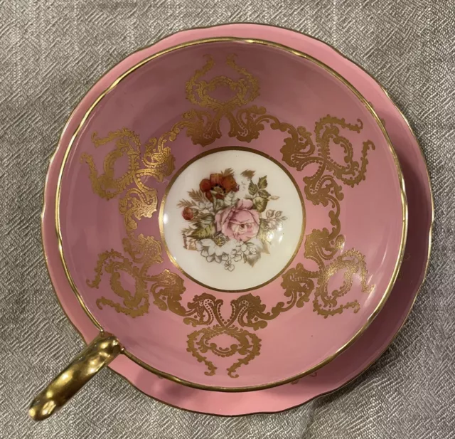 AYNSLEY J A Bailey Artist Signed Athens Pink & Gold Rose Teacup #1543 3