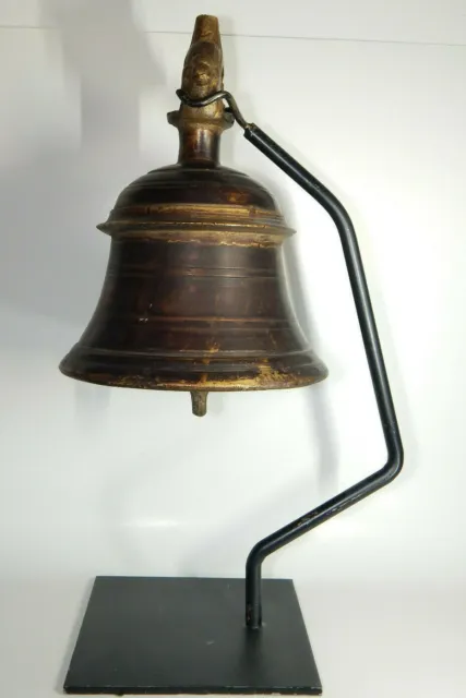 Vintage Large Bronze Temple Bell On Custom Iron Stand From India.