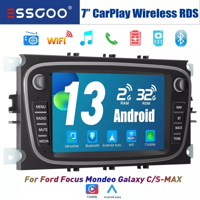 7" CarPlay For Ford Focus Mondeo Galaxy C/S-MAX Head Unit WIFI SWC GPS BT 2+32G