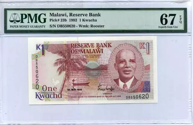 Malawi 1 Kwacha 1992 P 23 b SUPERB GEM UNC PMG 67 EPQ CLASSIC LABEL