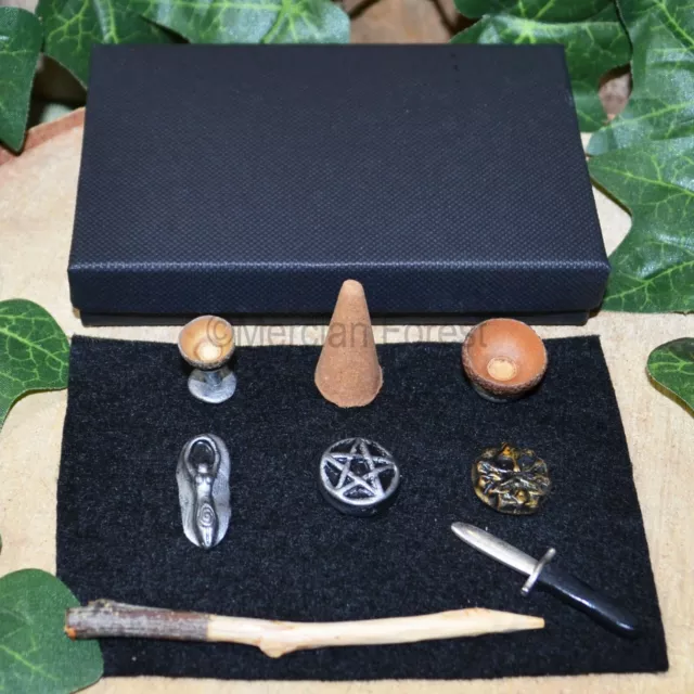 Mini Travel Altar Set in Black Box - Wiccan Kit Witchcraft Pagan Gift Wand Witch