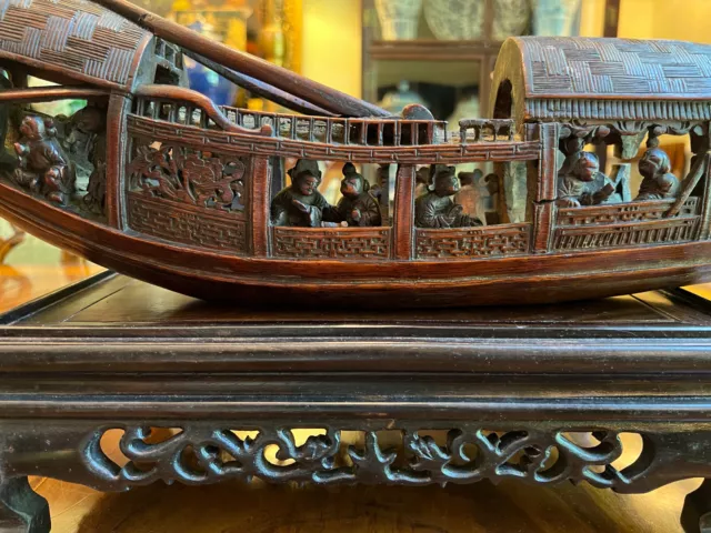 A Finely Carved Chinese Qing Dynasty Bamboo Boat, 19th C.