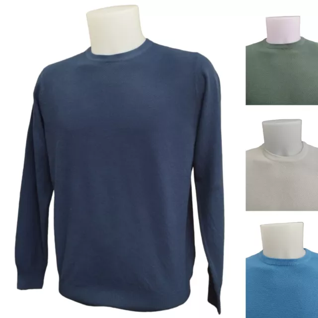 Maglione Uomo In 100% Puro Cotone Pullover Girocollo Tessuto Leggero Estivo