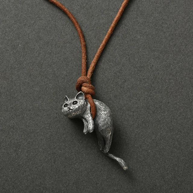 Women Men Necklace Kitty Vintage Silver Choker with Hanging Cat Shape Couple