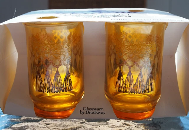 Vintage 70s Brockway Mayfair Juice Glasses Amber Glassware New in Box USA Made