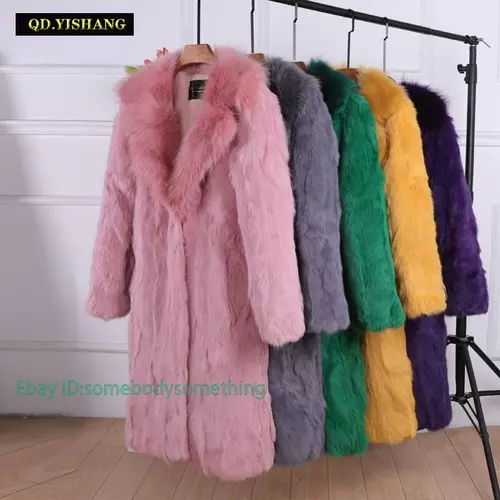 Womens Real Rabbit Fur Coat Natural Fur Winter Warm Long Fur Collar Jacket Parka