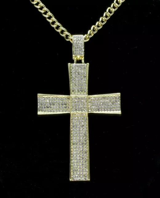 Mens Large Cz Cross Pendant 14k Gold Plated 24" Rope Chain Hip Hop Necklace