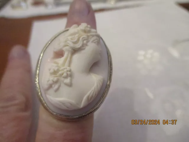 Antique/Vintage genuine PINK cameo set in sterling silver ring size 7 large