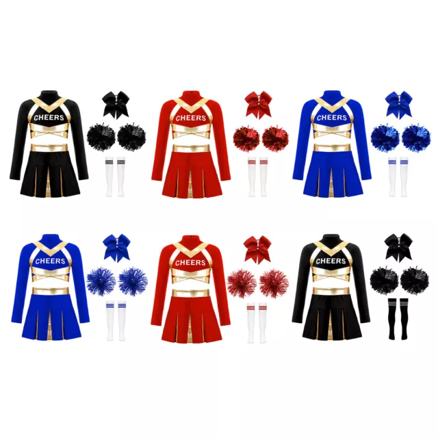 Kids Girls Cheer Leader Costume Stockings Cheerleading Set Pleated Striped