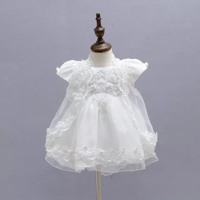 Spitze Taufkleid Kleinkinder Perlenstickerei Taufkleid mit Umhang Haube 2