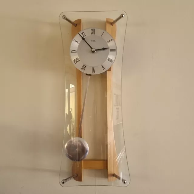 WBL PENDULUM WALL CLOCK Glass Beech Silver  Hanging Clock Curved Hour Glass