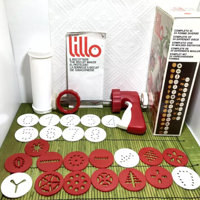 Vintage Lillo Biscuit Maker Spritz Cookie Gun 24 Discs Complete Numbers & Shapes