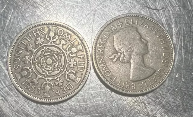 1953 Queen Elizabeth II Two Shilling/Florin UK Coin - circulated