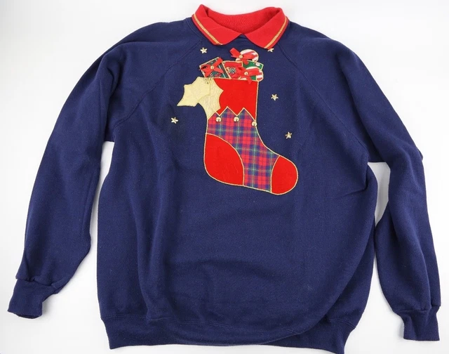 Vintage Ugly Christmas Sweater Size XL Navy Red Gift Stocking Candy Cane Present