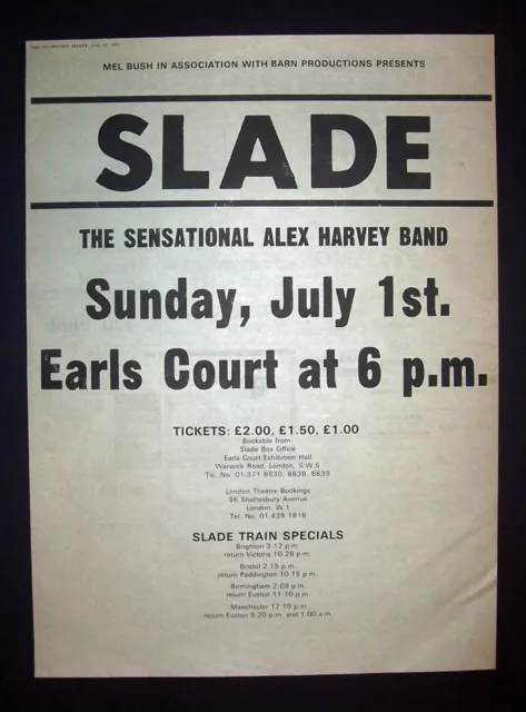 Slade Slayed? Era Earls Court Concert 1973 Poster Type Ad, Promo Advert