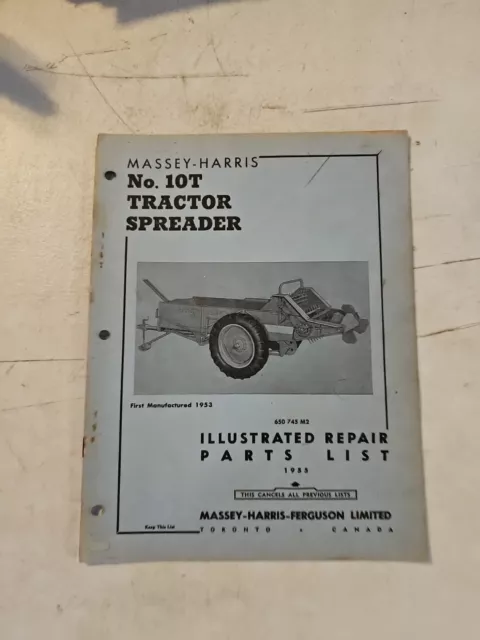 Vintage 1955 Massey Harris 10T Tractor Spreader Illustrated Repair Parts List