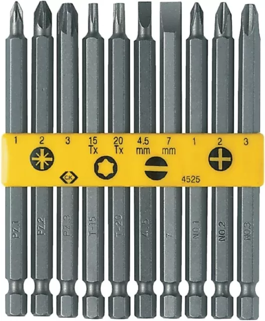 CK 10 Pce 1/4" Hex 100mm Phillips,Pozi,Torx,SL Extra Long Screwdriver Bits,T4525