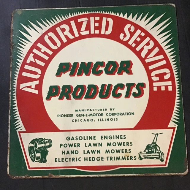 VINTAGE PINCOR PRODUCTS Lawn Mower Metal Advertising Sign Pioneer