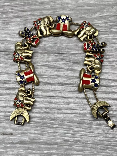 Vintage Republican Party Elephant Peace Gold Tone Bracelet Patriotic USA