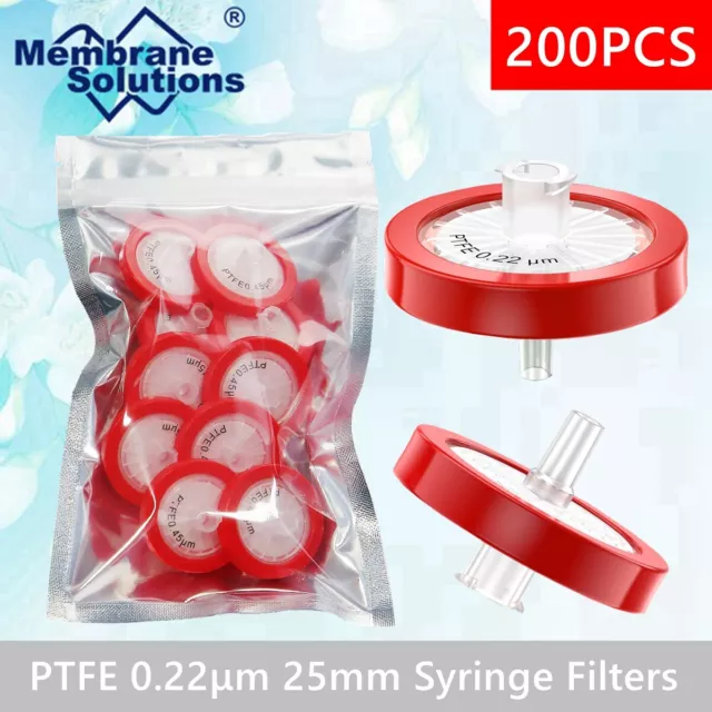 200pcs PTFE Membrane Syringe Filter Luer lock 25 mm 0.22 um PP Pr-filter for Lab