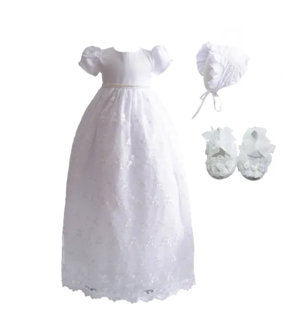 Long Lace Christening Gown Bonnet and Shoes 0-3 3-6 6-9 Months White Ivory