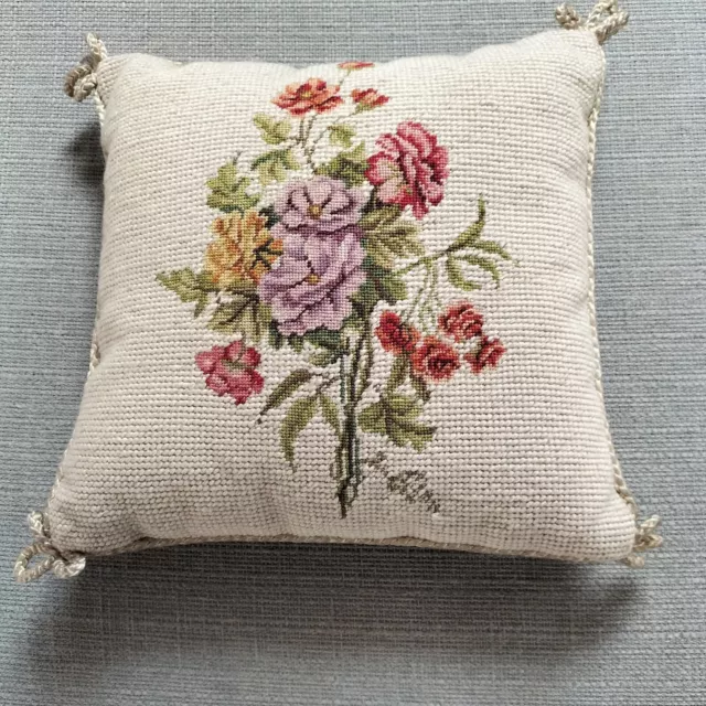 Vintage Steinwinder USA made floral mini embroidered cushion with velvet back