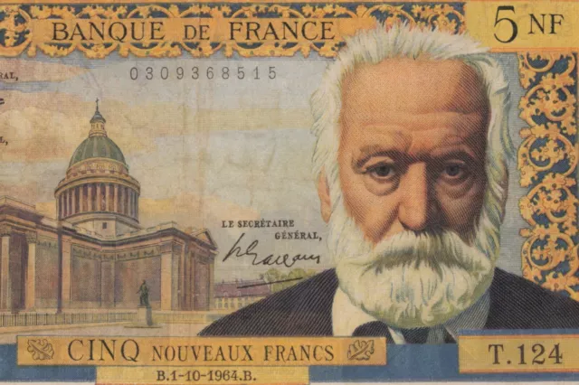 1964 France 5 Nouveaux Francs Note Victor Hugo Très Fin (VF) P #141a 2