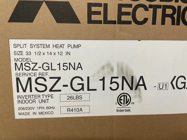 Mitsubishi Electric MSZ-GL15NA 15000 BTUH Wall Mount Heat Pump Indoor Air. split