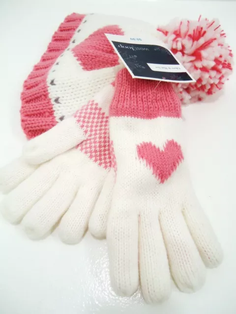 West Loop Girl's Pink Heart Beanie Hat and Gloves Kids Gift Set