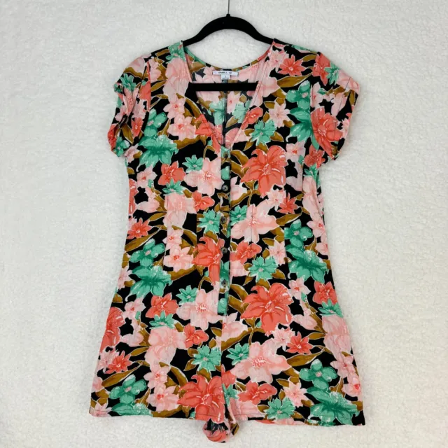 O'Neill Women's Black Pink Floral Print Short Sleeve Farlow Romper Size Large