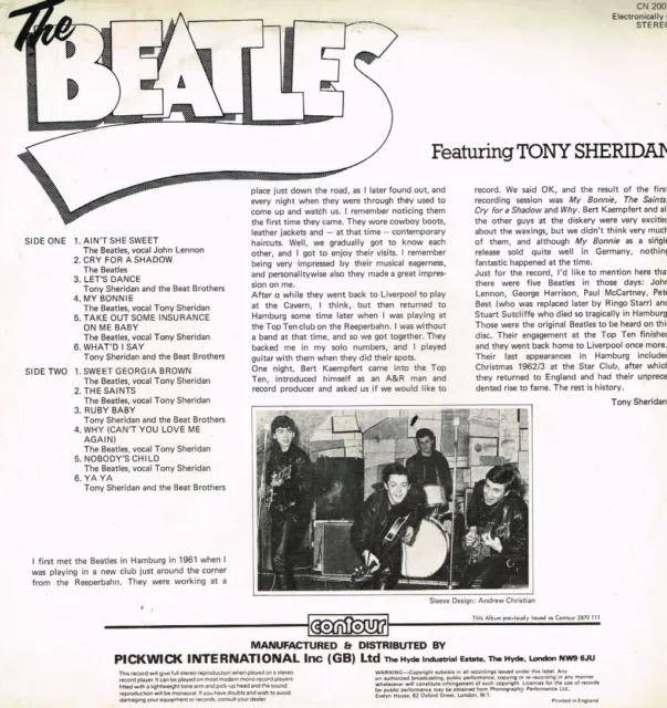 BEATLES FEATURING TONY SHERIDAN LP VINYL 12 track LP (CN2007) UK CONTOUR 2
