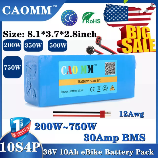 36V 10Ah Lithium ion Battery Pack for ≤750W ebike Bicycle Motor kit Electric BMS