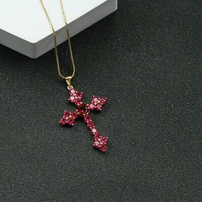 1.50 Ct Round Cut Simulated Ruby Cross Pendant In 14K Yellow Gold Plated Silver