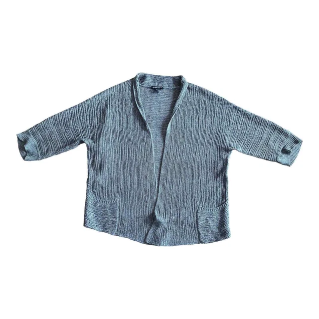 Eileen Fisher Silk Linen Blend Gray Cardigan Large Open Front Lightweight