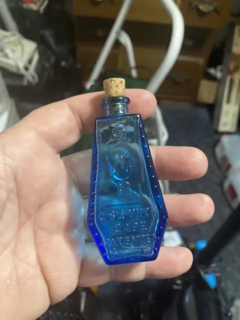 VTG Wheaton Blue Glass Poison Bottle/Coffin Shape Skull &Cross Bones R.I.P.