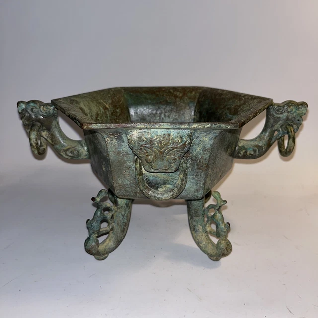 Chinese Bronze Censer Incense Burner Large And Heavy With Handles 10" Wide