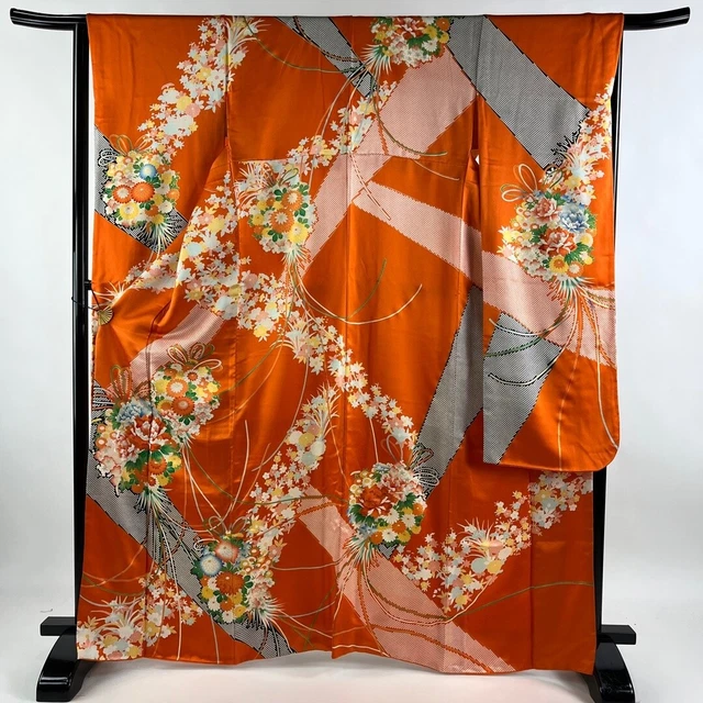JAPANESE KIMONO FURISODE 165cm 5' 5" PURE SILK VINTAGE ANTIQUE 6242