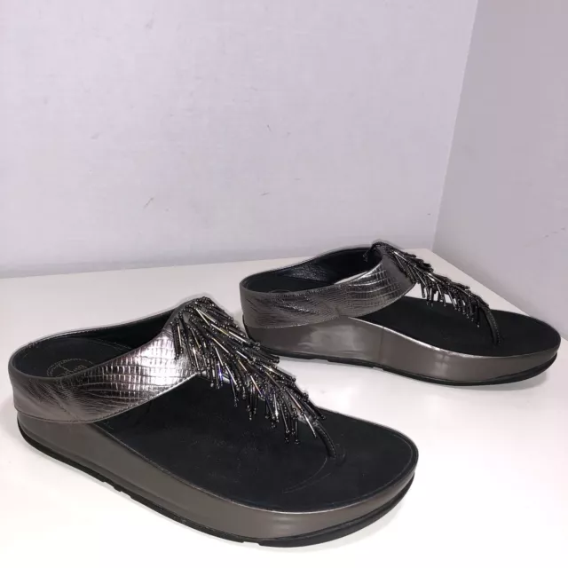 FitFlop Cha Cha Metallic Silver Pewter Thong Beaded Wedge Heel Comfort Sandal 8