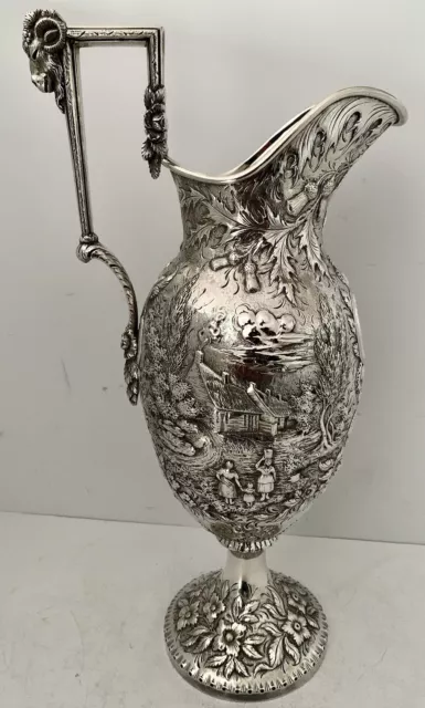 Kirk Early Sterling Architectural Landscape Repousse Ewer Water Pitcher 1868-96