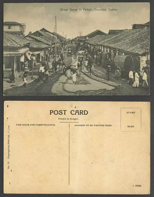 Ceylon Old Postcard Street Scene in Pettah Colombo Double Bullock Carts Plate 79