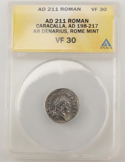 AD 211 Roman Caracalla - AR Denarius, Rome Mint -- VF30 ANACS