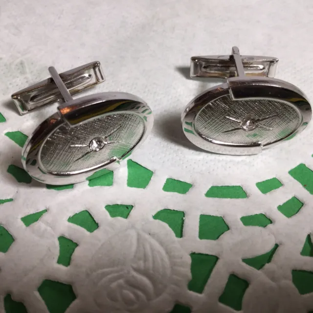 Vintage Pair Of Mens Silvertone With Rhinestones Cufflinks Oval Nice Design