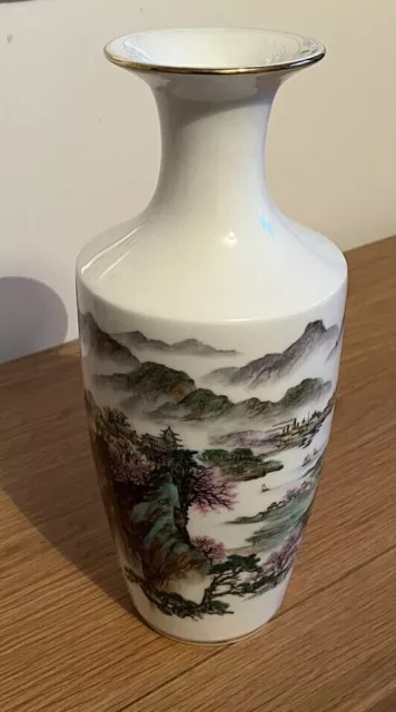 Spectacular 12 Inch Tall Stunning White Chinese Hand Painted Heavy Vase, Signed 2