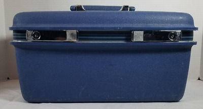 Vintage Samsonite Train Case Make Up Case Navy Blue Hard Case W/ Mirror and Keys