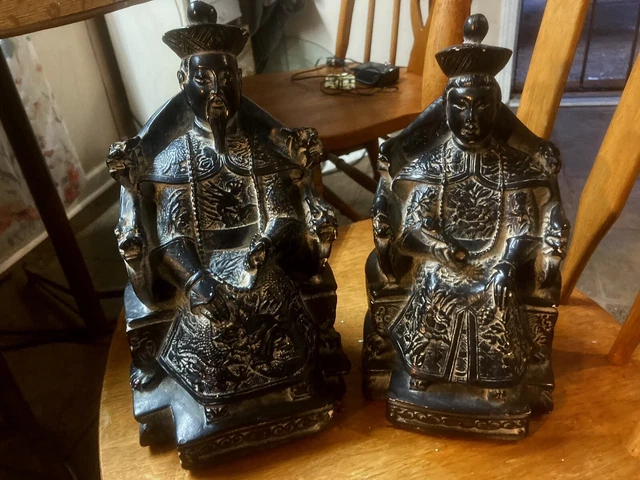Chinese Terracotta Emperor And Queen MingBeyas Dynasty Green Hand carved Seated